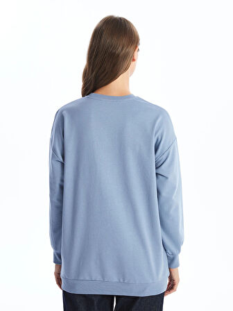 LCW Modest Mavi Bisiklet Yaka Baskılı Kadın Sweatshirt Tunik