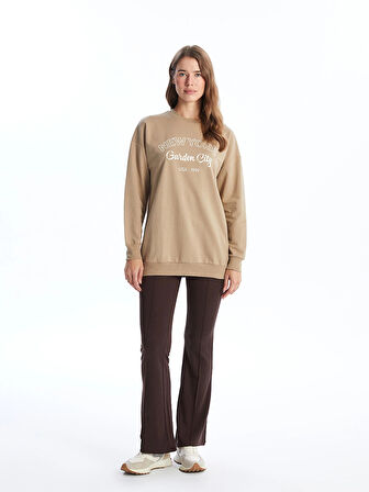 LCW Modest Bej Bisiklet Yaka Baskılı Kadın Sweatshirt Tunik
