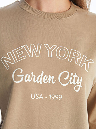 LCW Modest Bej Bisiklet Yaka Baskılı Kadın Sweatshirt Tunik