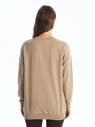 LCW Modest Bej Bisiklet Yaka Baskılı Kadın Sweatshirt Tunik