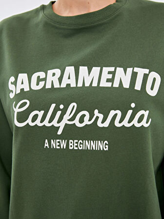 LCW Modest Yeşil Bisiklet Yaka Baskılı Kadın Sweatshirt Tunik