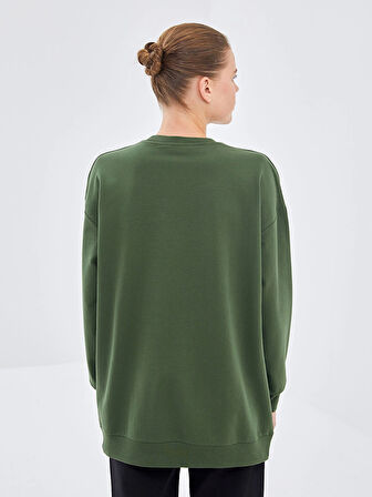 LCW Modest Yeşil Bisiklet Yaka Baskılı Kadın Sweatshirt Tunik