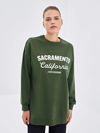 LCW Modest Yeşil Bisiklet Yaka Baskılı Kadın Sweatshirt Tunik