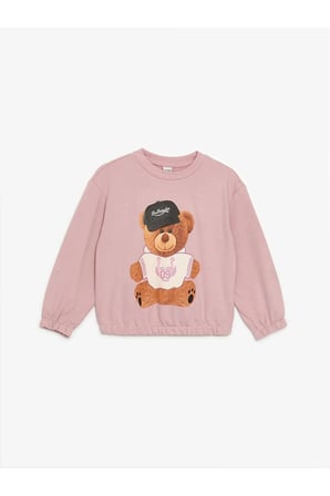 LCW Kids Pembe Bisiklet Yaka Baskılı Uzun Kollu Kız Çocuk Sweatshirt