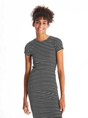XSIDE SİYAH Bisiklet Yaka Çizgili Kısa Kollu Kadın Bodycon Elbise