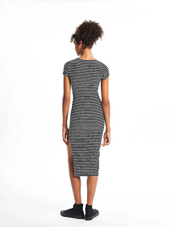 XSIDE SİYAH Bisiklet Yaka Çizgili Kısa Kollu Kadın Bodycon Elbise