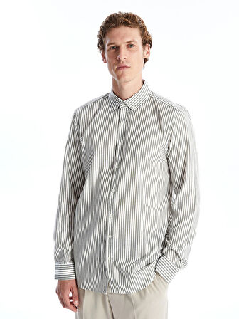 SOUTHBLUE Haki Slim Fit Uzun Kollu Çizgili Poplin Erkek Gömlek