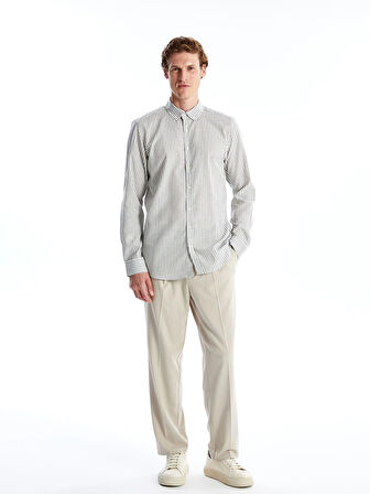 SOUTHBLUE Haki Slim Fit Uzun Kollu Çizgili Poplin Erkek Gömlek
