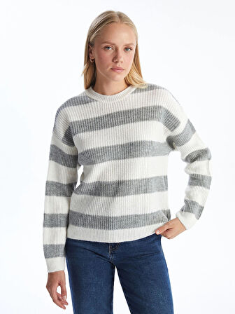 LCW Comfort Gri Bisiklet Yaka Renk Bloklu Kadın Triko Kazak