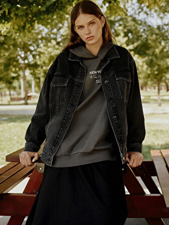 LCW Modest SİYAH Gömlek Yaka Oversize Kadın Jean Ceket