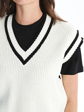 LCW Vision Ekru Kadın V Yaka Düz Triko Süveter