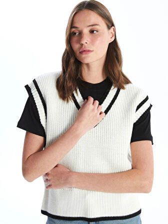 LCW Vision Ekru Kadın V Yaka Düz Triko Süveter