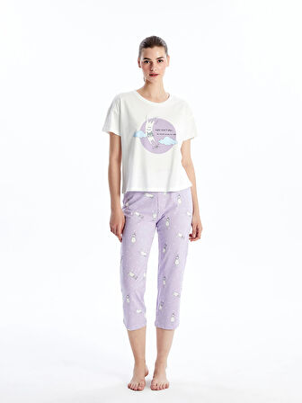 LCW Young LİLA Bisiklet Yaka Baskılı Kısa Kollu Kadın Kaprili Pijama Takımı