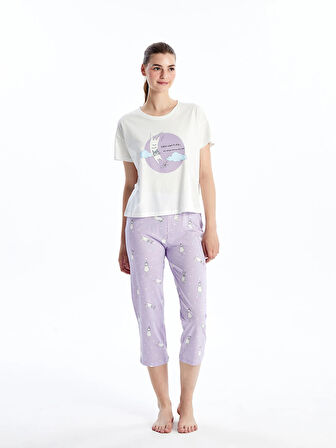 LCW Young LİLA Bisiklet Yaka Baskılı Kısa Kollu Kadın Kaprili Pijama Takımı