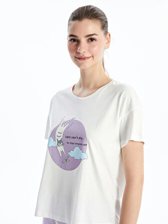 LCW Young LİLA Bisiklet Yaka Baskılı Kısa Kollu Kadın Kaprili Pijama Takımı