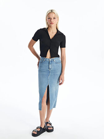 LCW Vision Siyah Polo Yaka Düz Kısa Kollu Kadın Bluz