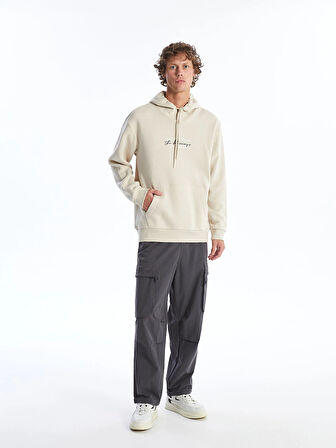 LCW Casual Bej Uzun Kollu Baskılı Erkek Kalın Hoodie
