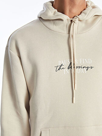 LCW Casual Bej Uzun Kollu Baskılı Erkek Kalın Hoodie