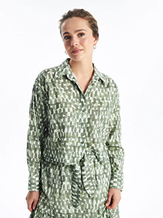 LCW Modest Yeşil Gömlek Yaka Desenli Uzun Kollu Crop Kadın Bluz