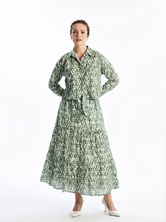 LCW Modest Yeşil Gömlek Yaka Desenli Uzun Kollu Crop Kadın Bluz