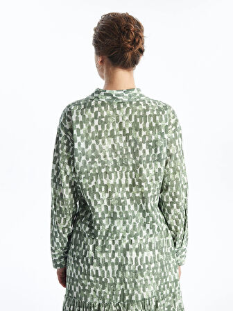 LCW Modest Yeşil Gömlek Yaka Desenli Uzun Kollu Crop Kadın Bluz