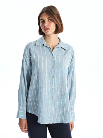 LCW Vision Mavi Çizgili Uzun Kollu Oversize Kadın Gömlek