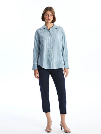 LCW Vision Mavi Çizgili Uzun Kollu Oversize Kadın Gömlek