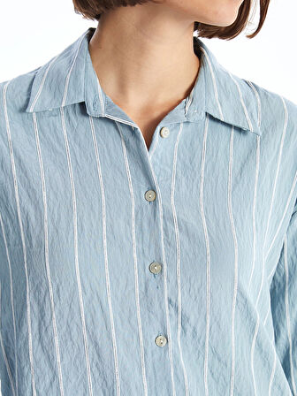 LCW Vision Mavi Çizgili Uzun Kollu Oversize Kadın Gömlek