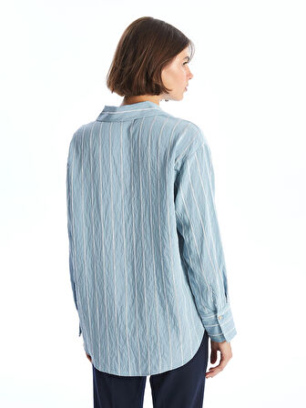 LCW Vision Mavi Çizgili Uzun Kollu Oversize Kadın Gömlek