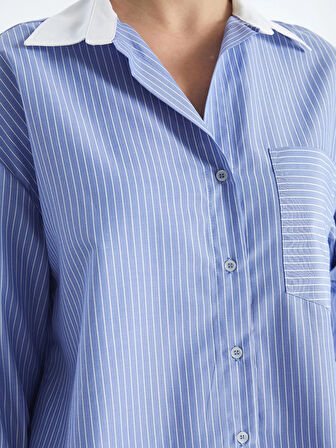 LCW Vision Mavi Çizgili Uzun Kollu Oversize Kadın Gömlek