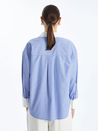 LCW Vision Mavi Çizgili Uzun Kollu Oversize Kadın Gömlek