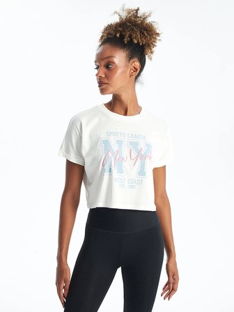 XSIDE ACTIVE Beyaz Bisiklet Yaka Baskılı Kadın Spor Tişört
