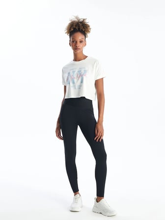 XSIDE ACTIVE Beyaz Bisiklet Yaka Baskılı Kadın Spor Tişört