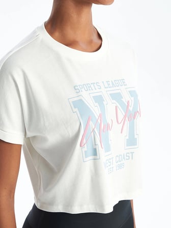 XSIDE ACTIVE Beyaz Bisiklet Yaka Baskılı Kadın Spor Tişört