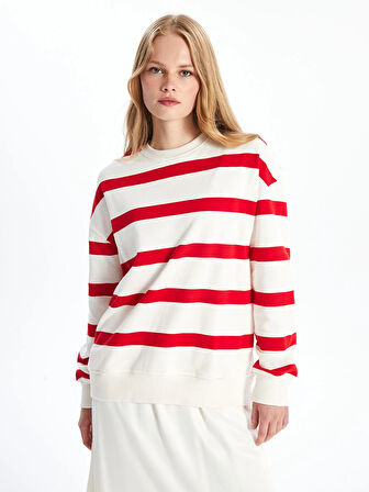 LCW Vision Kırmızı Bisiklet Yaka Çizgili Oversize Kadın Sweatshirt