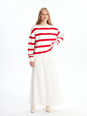 LCW Vision Kırmızı Bisiklet Yaka Çizgili Oversize Kadın Sweatshirt