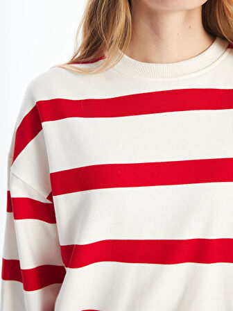 LCW Vision Kırmızı Bisiklet Yaka Çizgili Oversize Kadın Sweatshirt