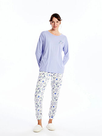 LCW DREAM Ekru Bisiklet Yaka Baskılı Kısa Kollu Kadın Pijama Takımı