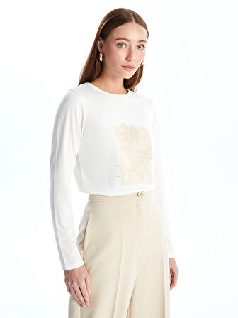 LCWAIKIKI Basic EKRU Bisiklet Yaka Baskılı Uzun Kollu Kadın Tişört