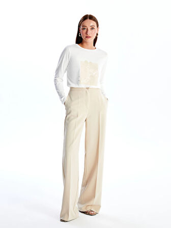 LCWAIKIKI Basic EKRU Bisiklet Yaka Baskılı Uzun Kollu Kadın Tişört