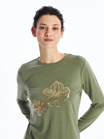 LCWAIKIKI Basic Haki Bisiklet Yaka Baskılı Uzun Kollu Kadın Tişört