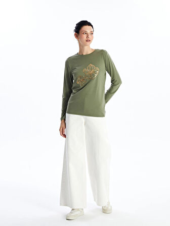 LCWAIKIKI Basic Haki Bisiklet Yaka Baskılı Uzun Kollu Kadın Tişört