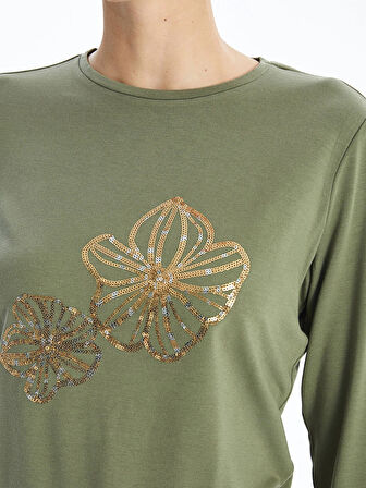 LCWAIKIKI Basic Haki Bisiklet Yaka Baskılı Uzun Kollu Kadın Tişört