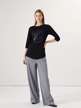 LCWAIKIKI Basic Siyah Bisiklet Yaka İşlemeli Kadın Bluz