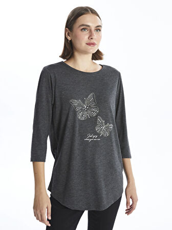 LCWAIKIKI Basic Antrasit Bisiklet Yaka Parlak Taşlı Uzun Kollu Kadın Bluz