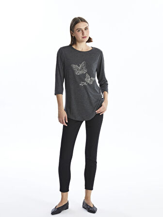 LCWAIKIKI Basic Antrasit Bisiklet Yaka Parlak Taşlı Uzun Kollu Kadın Bluz