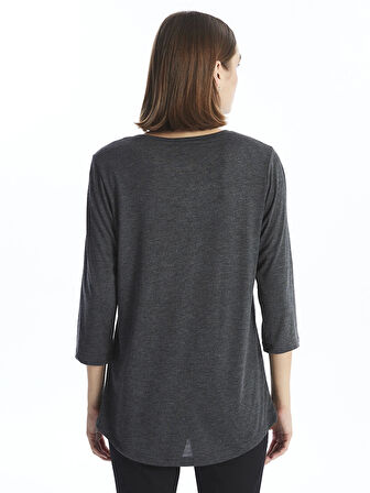 LCWAIKIKI Basic Antrasit Bisiklet Yaka Parlak Taşlı Uzun Kollu Kadın Bluz