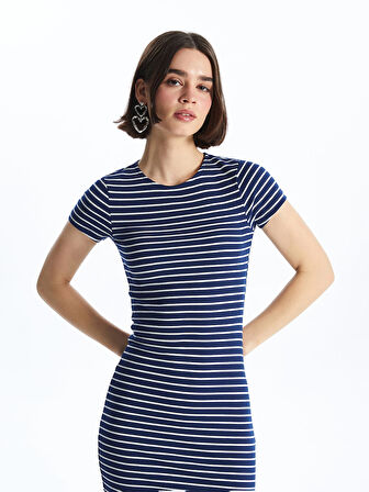 XSIDE Lacivert Bisiklet Yaka Çizgili Kısa Kollu Kadın Elbise