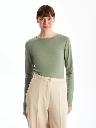 LCWAIKIKI Classic Haki Bisiklet Yaka Düz Uzun Kollu Kadın Body