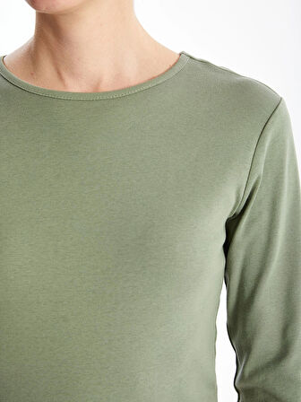 LCWAIKIKI Classic Haki Bisiklet Yaka Düz Uzun Kollu Kadın Body